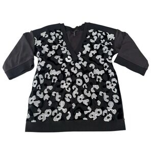 BCBGMAXAZRIA Embroidered‎ French Terry V-Neck Top Small Abstract Sheer Vogue